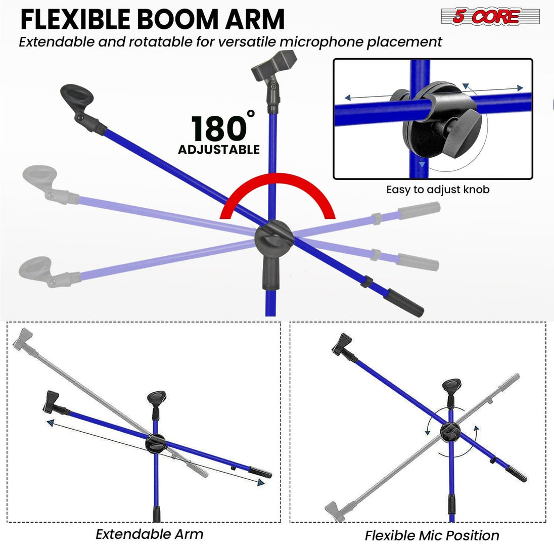 5 Core Mic Stand Floor Height Adjustable Tripod Microphone Stands w Extending Telescoping Boom Arm