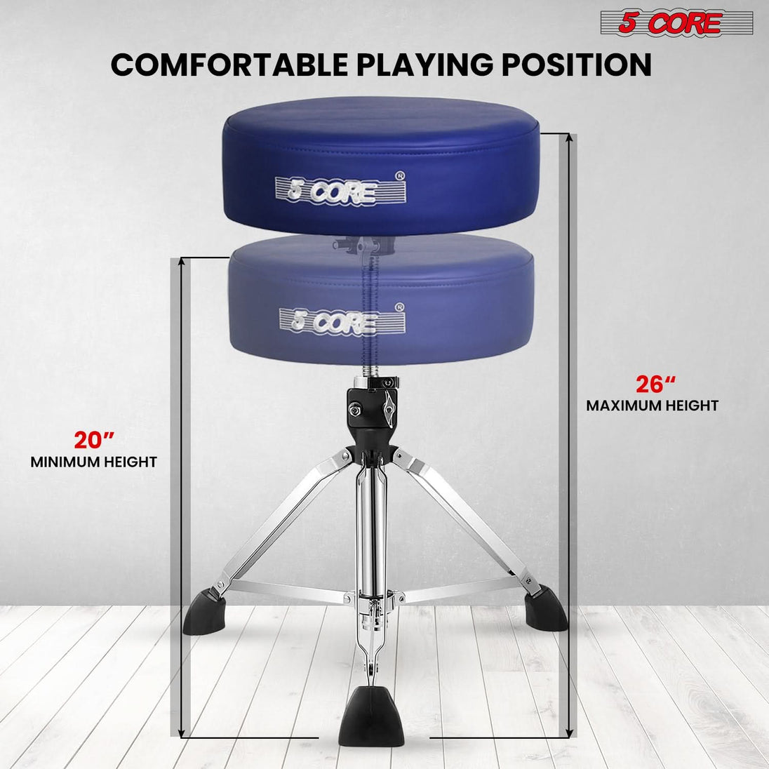 5 Core Drum Throne 4" Thick Padded Guitar Stool 441Lb Capacity 20-26” Adjustable Drummer Chair