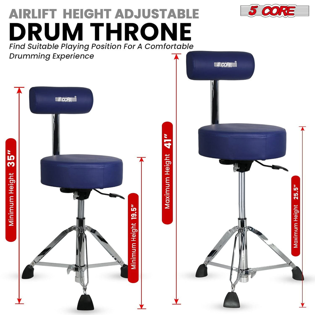 5 Core Drum Throne w Backrest 4" Padded Stool Airlift Adjustable 25.5" Drummer Chair 441Lb Capacity