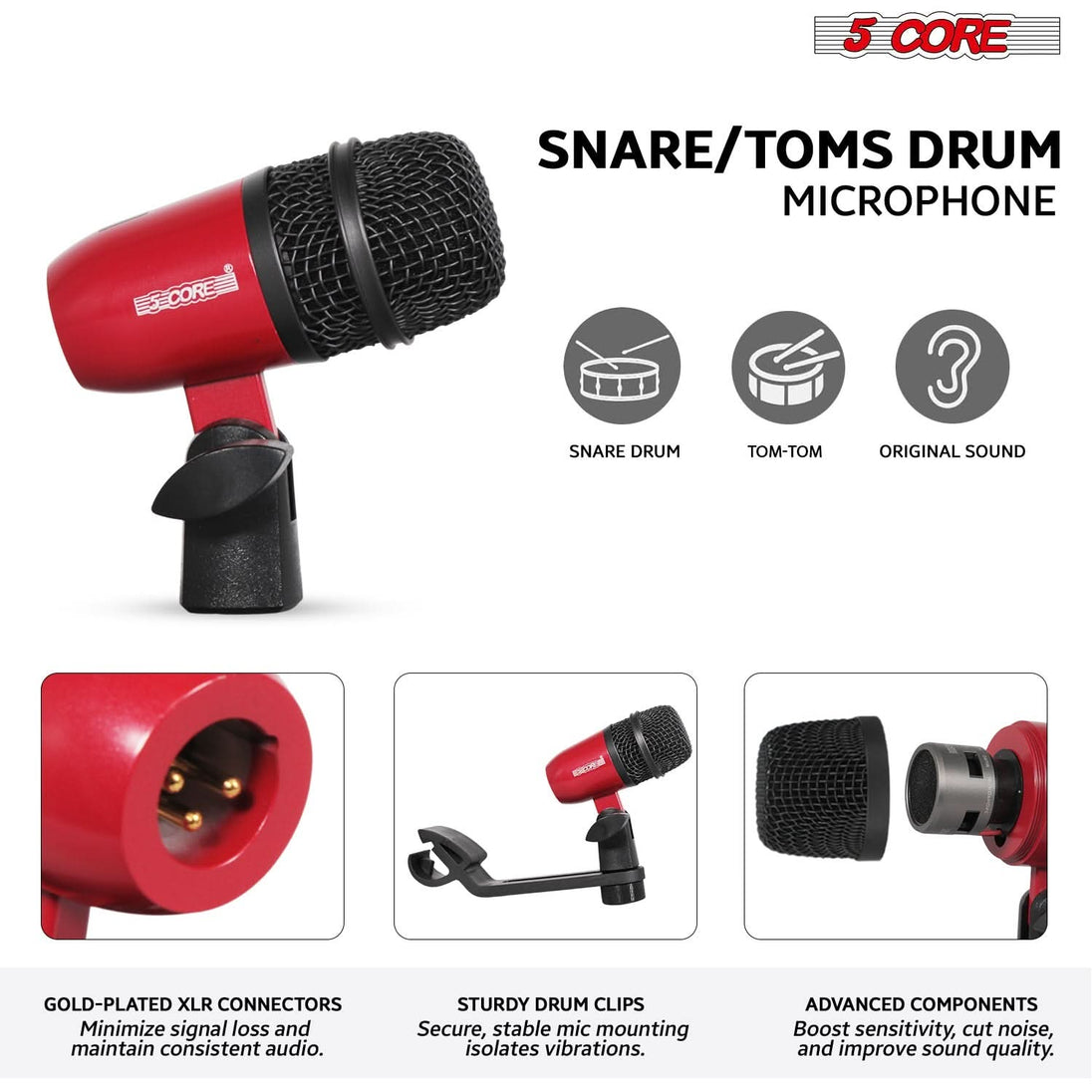 5 Core Drum Microphone Kit 7Pc All Metal Drummer Mics Tom/Snare & Cymbals Wired Instrument Drums Set