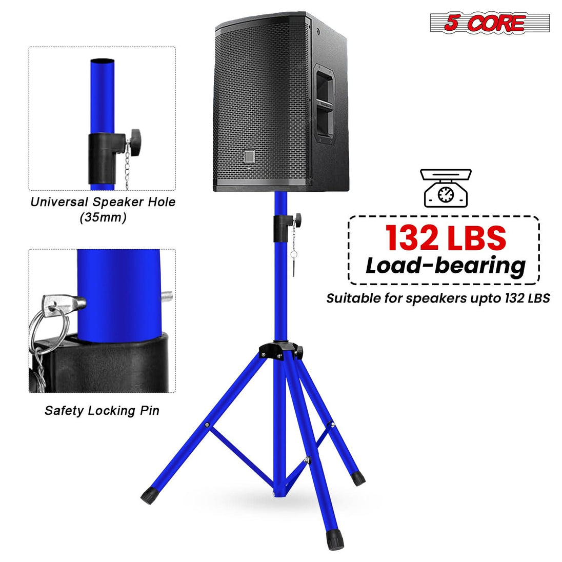 5 Core Speaker Stand Adjustable 31 to 54" PA DJ Tripod Stands Heavy Duty w 35mm Insert 132 Lbs