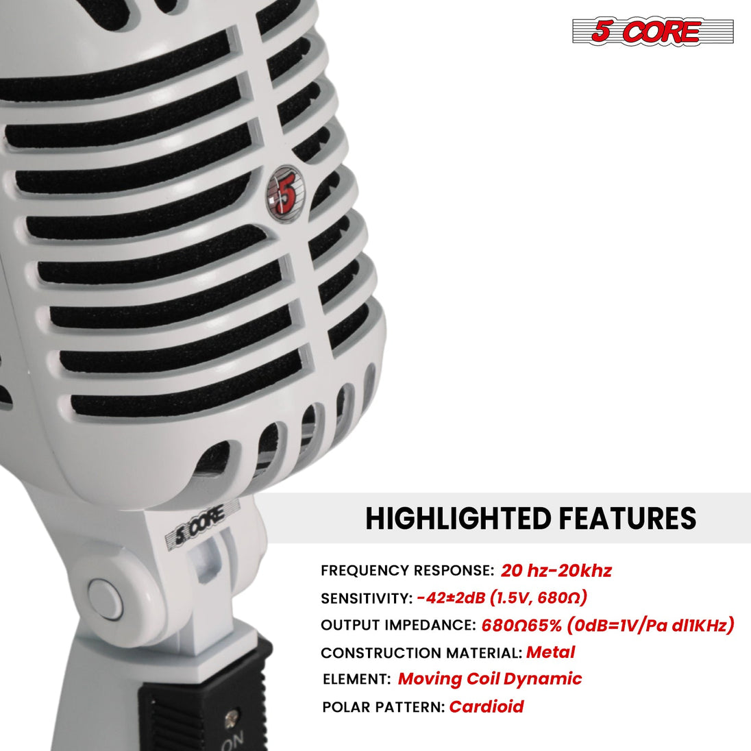 5 Core Retro Dynamic Vocal Iconic Microphone Vintage Style Classic Cardioid Unidirectional Mic