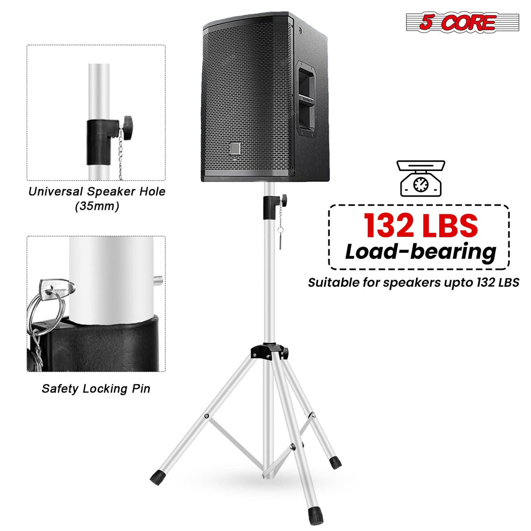 5 Core Speaker Stand 2Pc Adjustable 31 to 36" PA DJ Tripod Stands Heavy Duty w 35mm Pole 132Lb w Bag