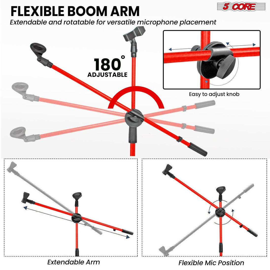 5 Core Mic Stand 2Pcs Floor Height Adjustable Tripod Microphone Stands w Telescoping Boom Arm