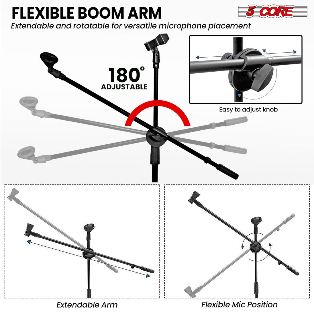 5 Core Mic Stand 2Pcs Floor Height Adjustable Tripod Microphone Stands w Telescoping Boom Arm