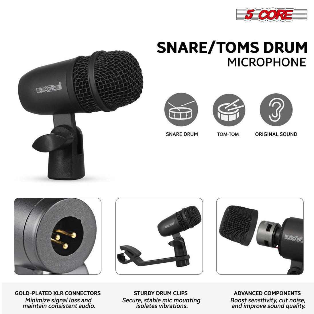5 Core Drum Microphone Kit 7Pc All Metal Drummer Mics Tom/Snare & Cymbals Wired Instrument Drums Set