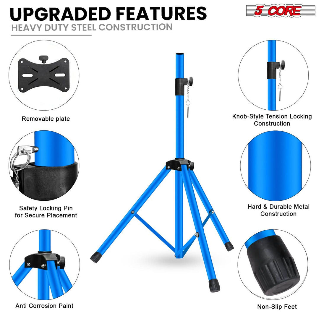 5 Core Speaker Stand Adjustable 31 to 54" PA DJ Tripod Stands Heavy Duty w 35mm Insert 132 Lbs