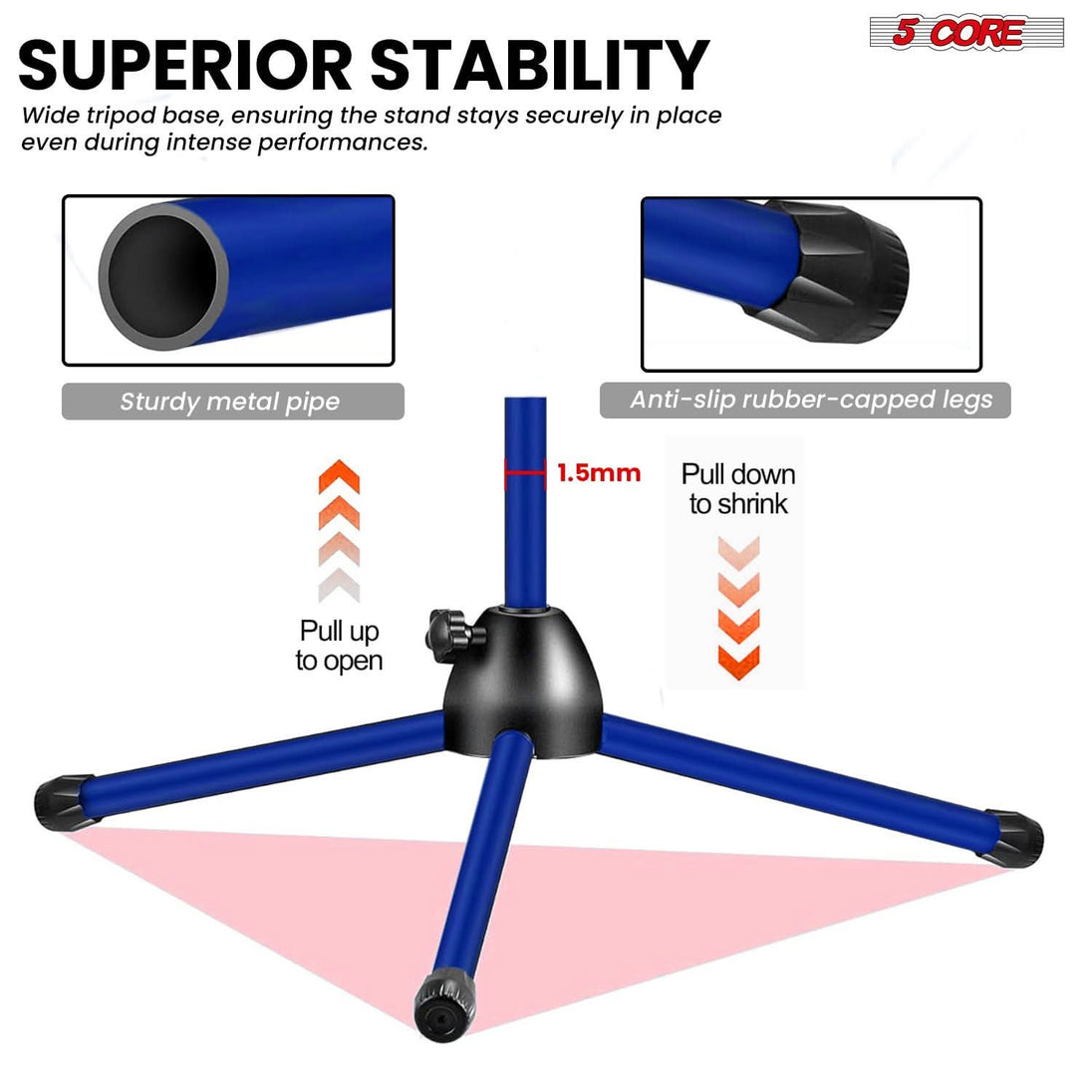 5 Core Mic Stand Floor Height Adjustable Tripod Microphone Stands w Extending Telescoping Boom Arm