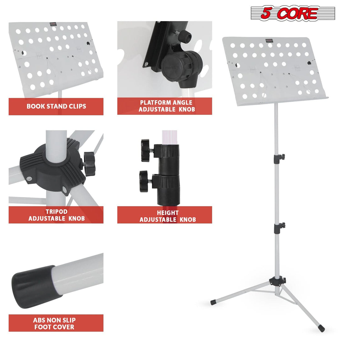 5Core white portable music stand for sheet music and performance