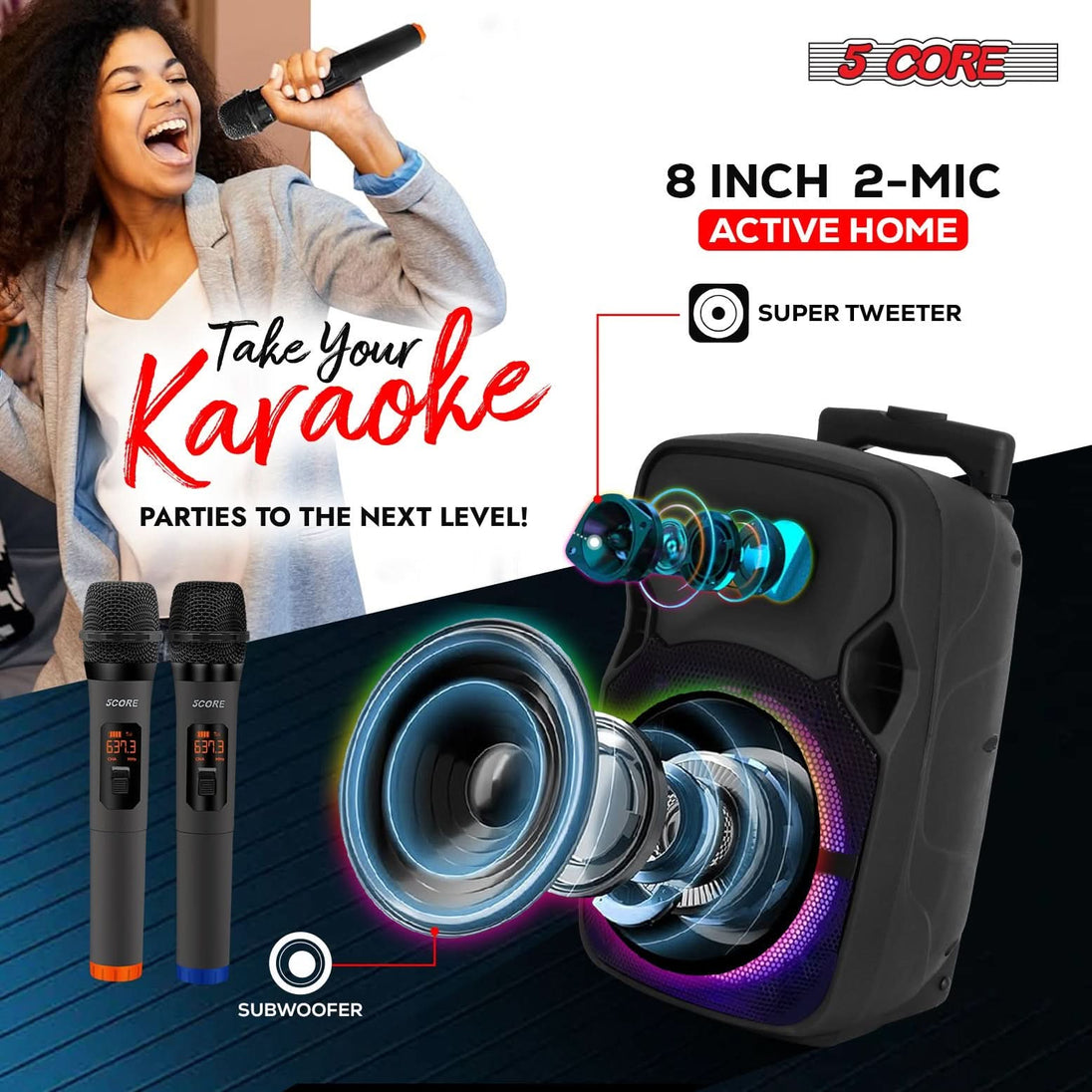 5Core karaoke boombox with two wireless microphones and loud bass