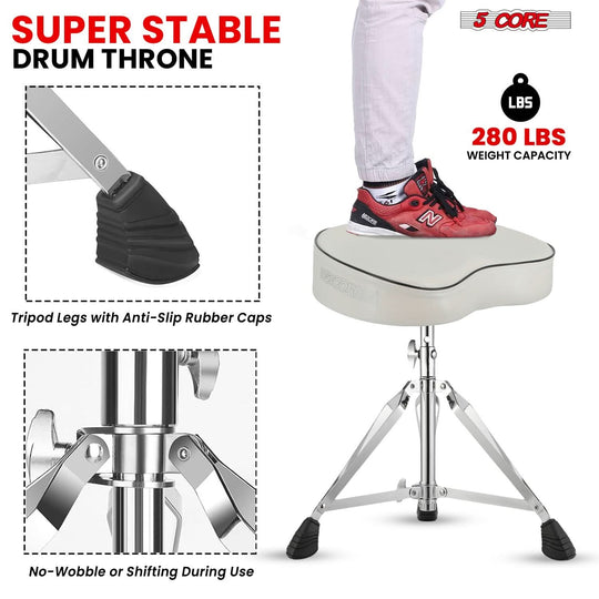 Close-up view of 5Core drum throne padded guitar stool saddle drummer seat for adults & kids - 5Core branding