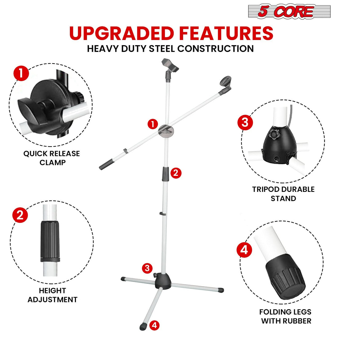 5 Core Mic Stand 2Pcs Floor Height Adjustable Tripod Microphone Stands w Telescoping Boom Arm