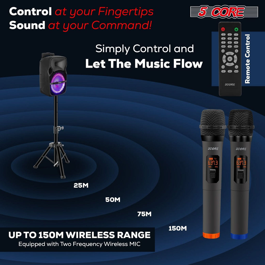 Side view of 5Core portable PA speaker with carry handle and controls