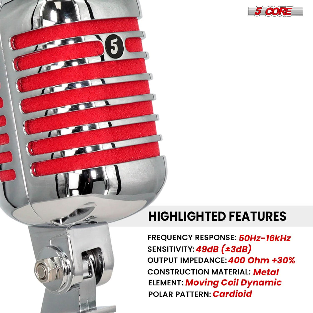 5Core retro microphone in red ideal for vocalists and streamers