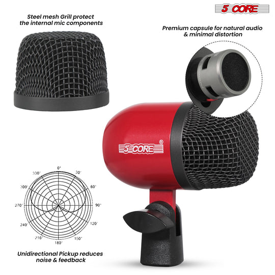 5 Core Drum Microphone Kit 9Pc All Metal Drummer Mics Tom/Snare & Cymbals Wired Instrument Drums Set