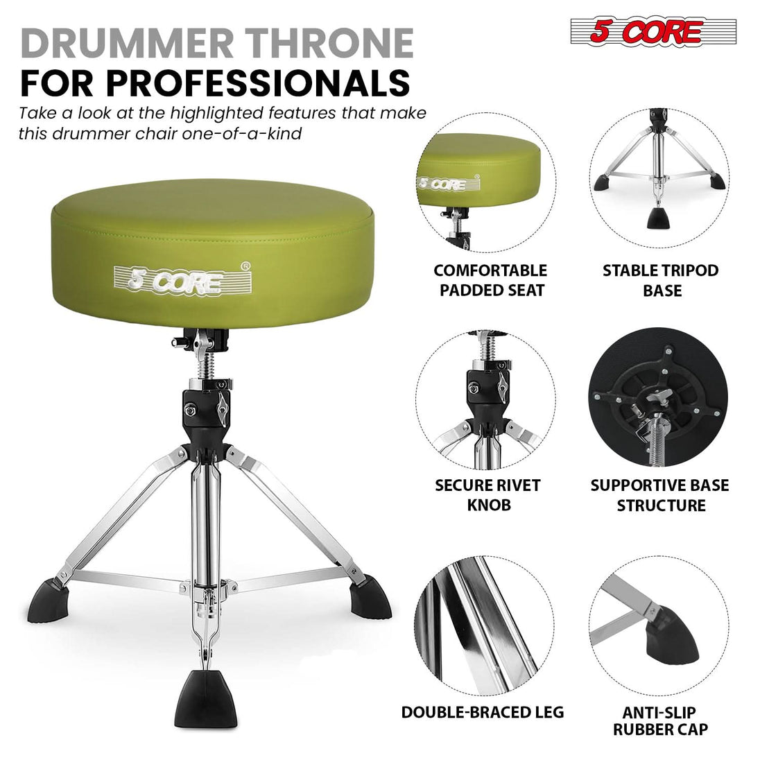 5 Core Drum Throne 4" Thick Padded Guitar Stool 441Lb Capacity 20-26” Adjustable Drummer Chair