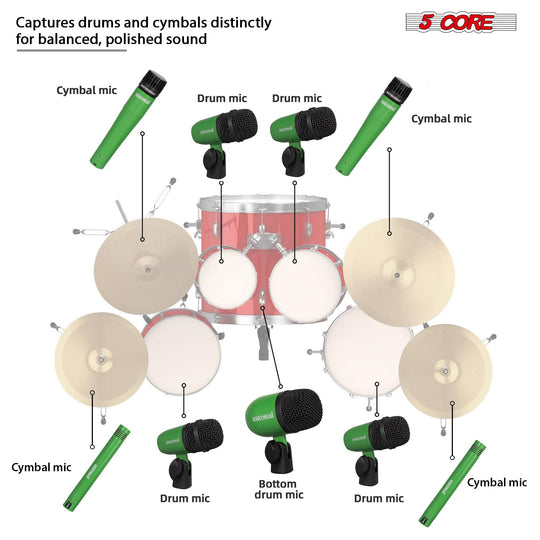 5 Core Drum Microphone Kit 9Pc All Metal Drummer Mics Tom/Snare & Cymbals Wired Instrument Drums Set
