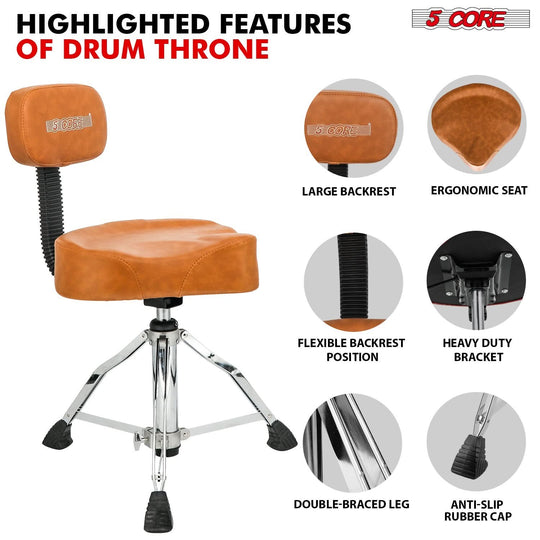5Core adjustable brown guitar and drum stool with back support
