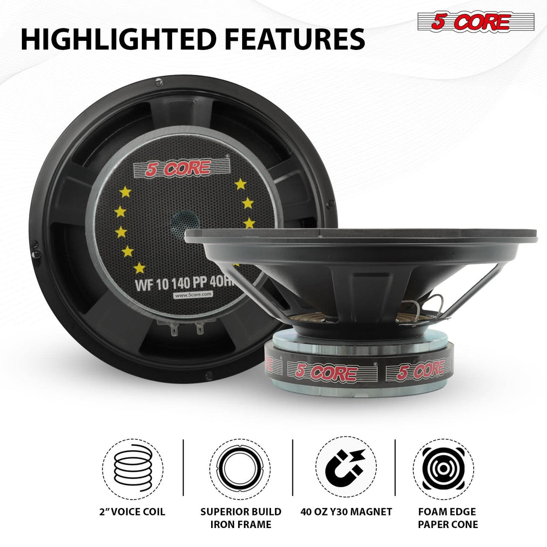 5 Core Car Subwoofer 2Pc 10" 3000W Pro Audio Deep Bass Component Sub Woofer 4Ohm Replacement Speaker