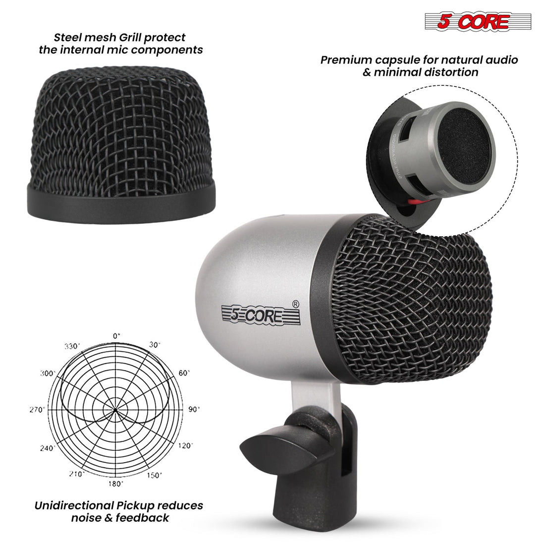 5 Core Drum Microphone Kit 9Pc All Metal Drummer Mics Tom/Snare & Cymbals Wired Instrument Drums Set