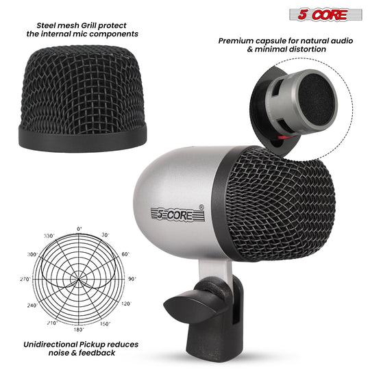 5 Core Drum Microphone Kit 9Pc All Metal Drummer Mics Tom/Snare & Cymbals Wired Instrument Drums Set