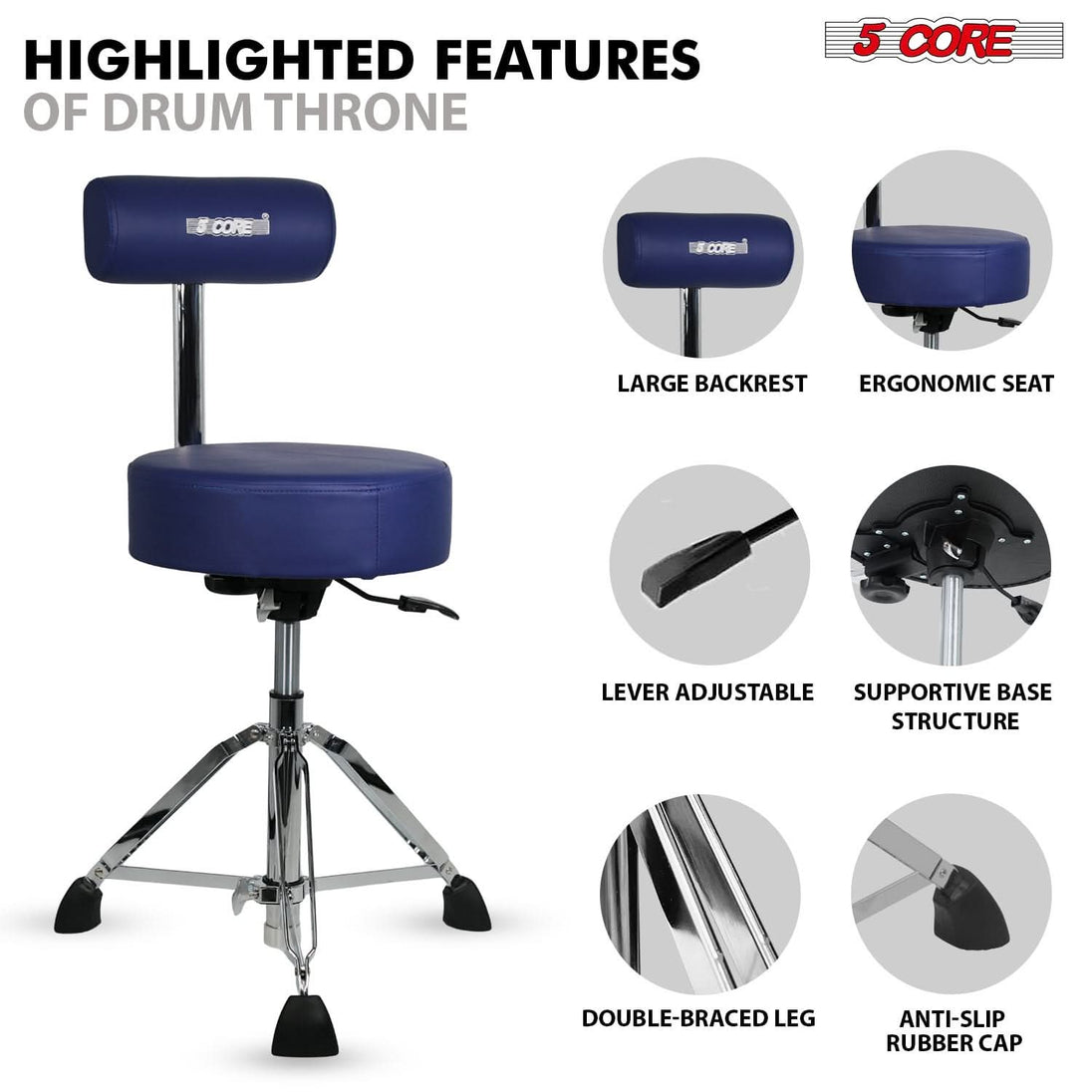5 Core Drum Throne w Backrest 4" Padded Stool Airlift Adjustable 25.5" Drummer Chair 441Lb Capacity