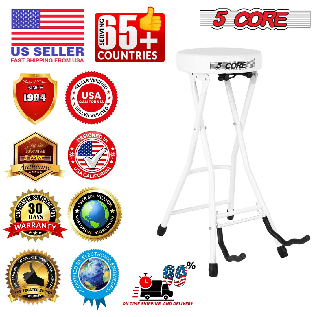 5Core Guitar Stool 3.15" Padded Chair Foldable Heavy Duty Music Seat Built in Foot Rest Guitar Stand