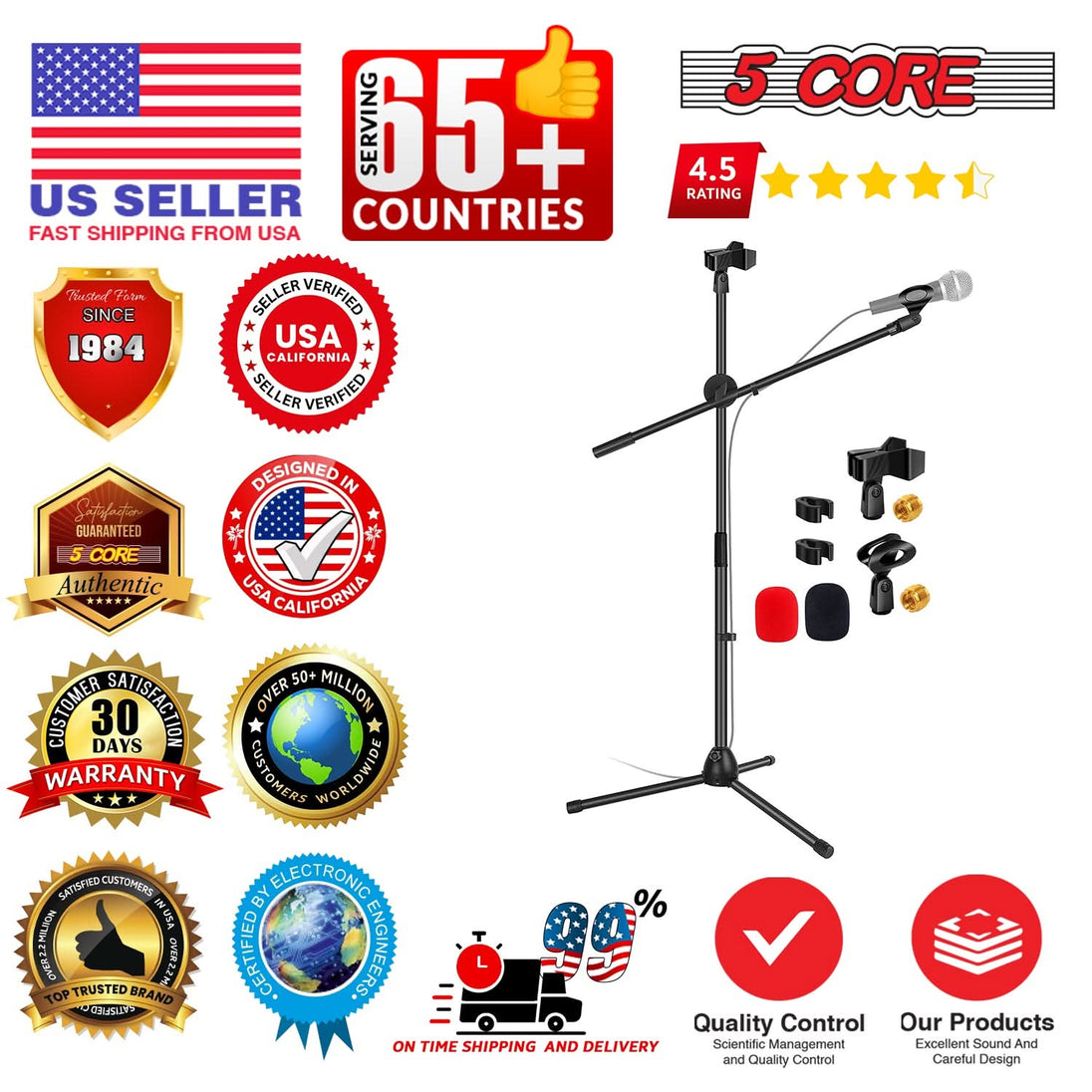 5 Core Mic Stand 2Pcs Floor Height Adjustable Tripod Microphone Stands w Telescoping Boom Arm