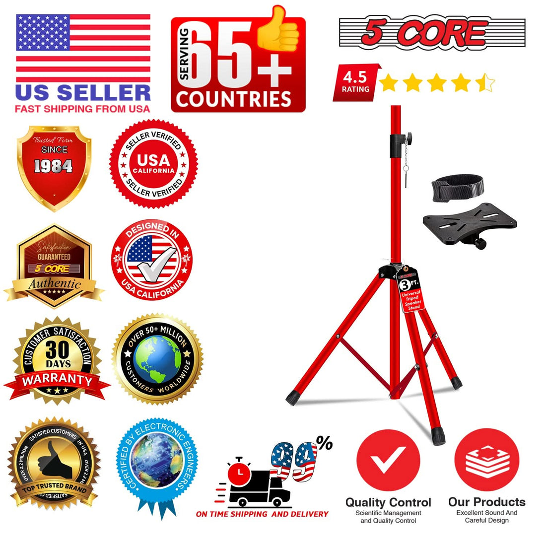 5 Core Speaker Stand Adjustable 31 to 36" PA DJ Tripod Stands Heavy Duty w 35mm Insert 132 Lbs