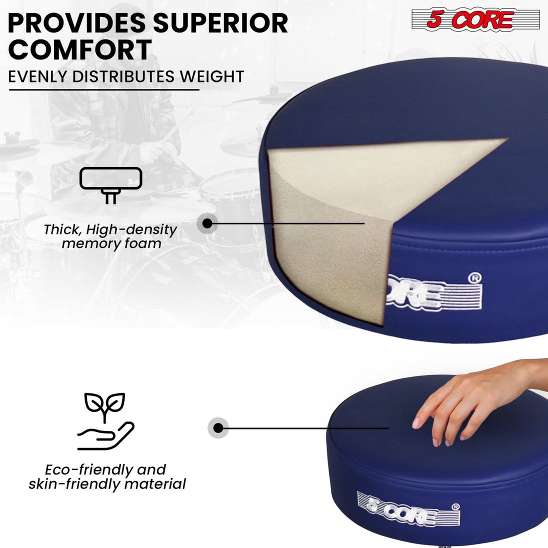 5 Core Drum Throne 4" Thick Padded Guitar Stool 441Lb Capacity 20-26” Adjustable Drummer Chair