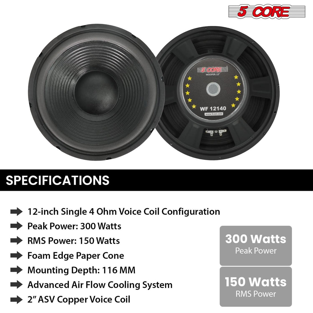 5 Core Car Subwoofer 2Pc 300W 12" Deep Bass Replacement Speaker 4Ohm 40 - 3.5 KHz Component Sub Woofer