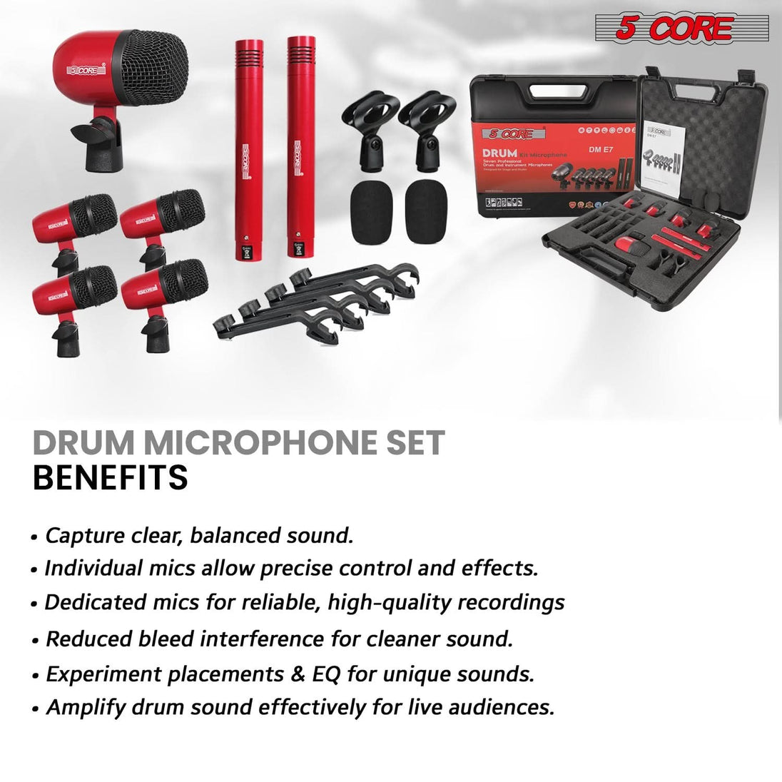 5 Core Drum Microphone Kit 7Pc All Metal Drummer Mics Tom/Snare & Cymbals Wired Instrument Drums Set