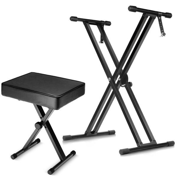 5Core black double X style adjustable keyboard stand with piano bench for 49 to 88 keys