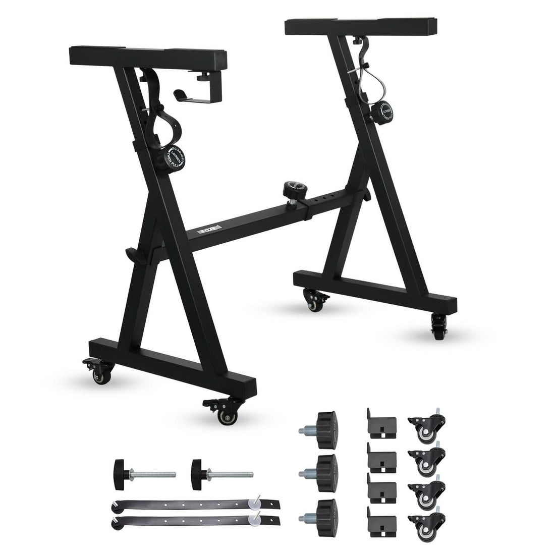 Black adjustable work stand with accessories 