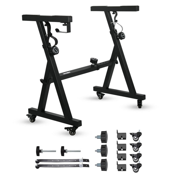 Black adjustable work stand with accessories 