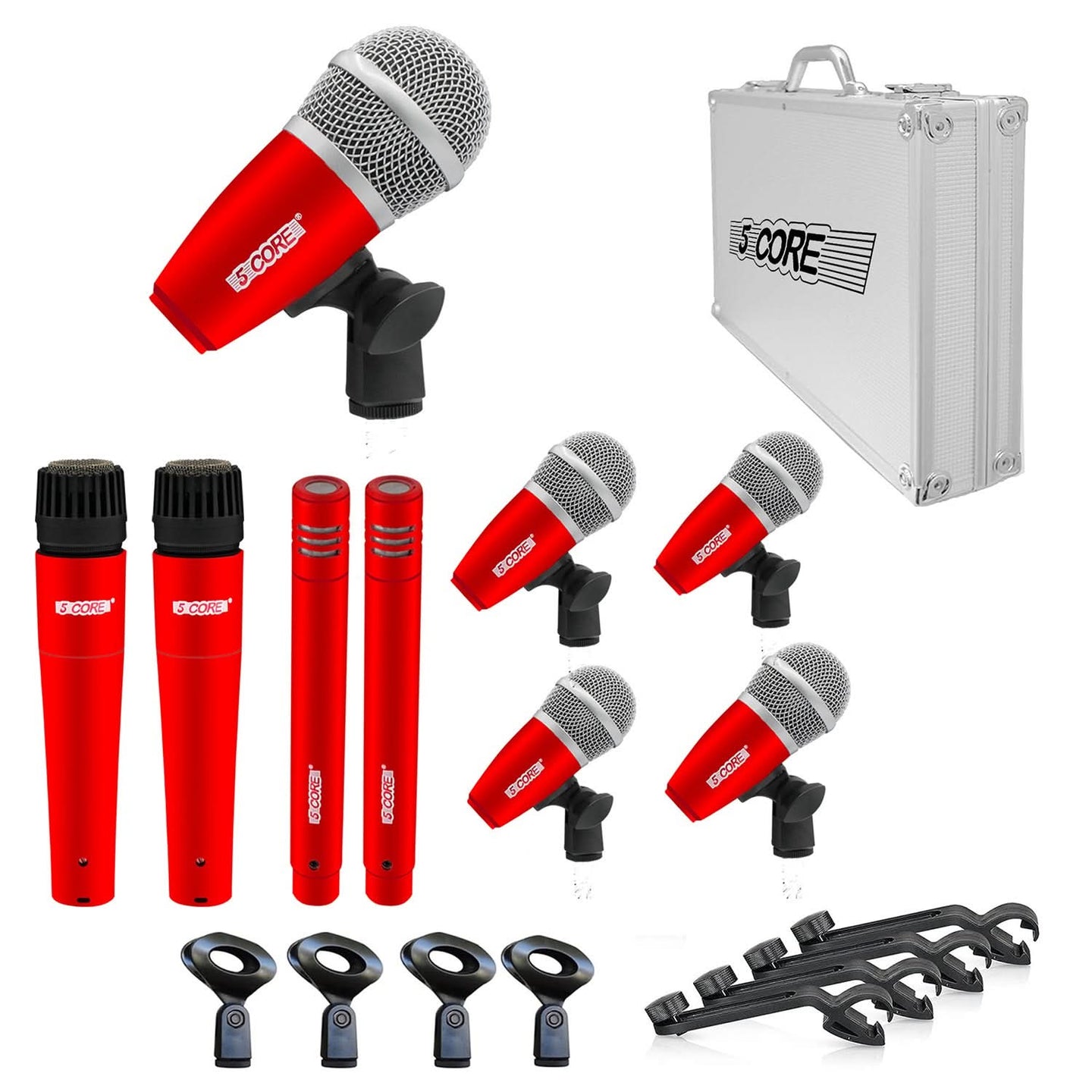 5 Core Drum Mic Kit 9 Piece Drumset Wired Dynamic Microphone Kick Bass, Tom/Snare & Cymbals Set