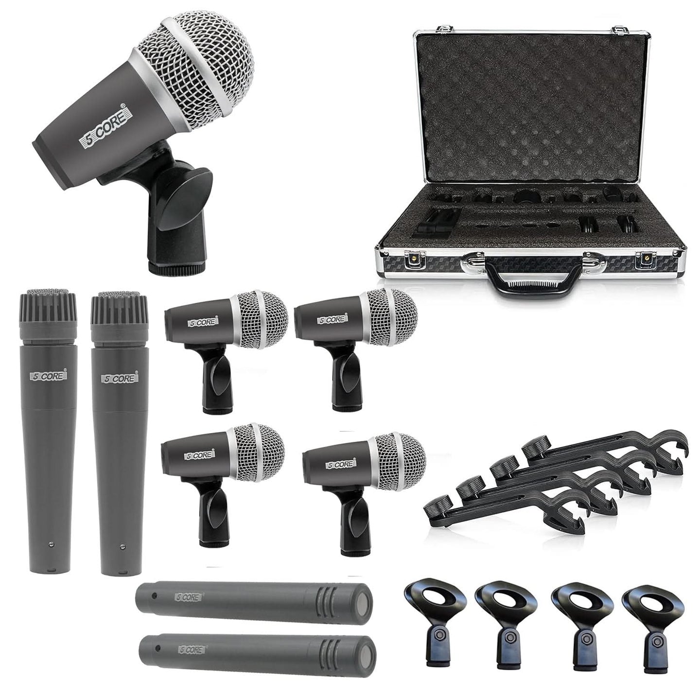 5 Core Drum Mic Kit 9 Piece Drumset Wired Dynamic Microphone Kick Bass, Tom/Snare & Cymbals Set