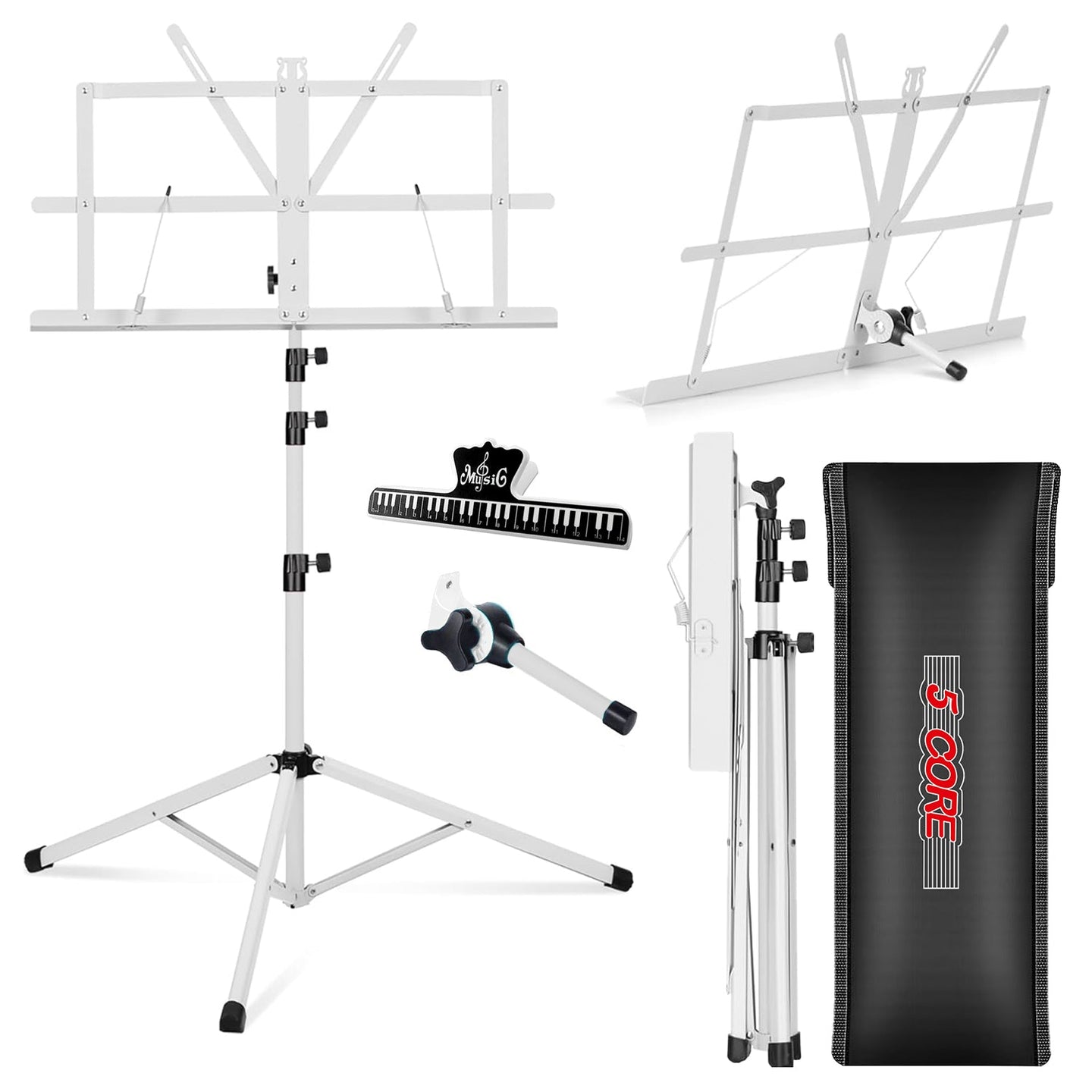 5Core Music Stand For Sheet Music Portable Tripod Adjustable Folding Note Holder Higher White