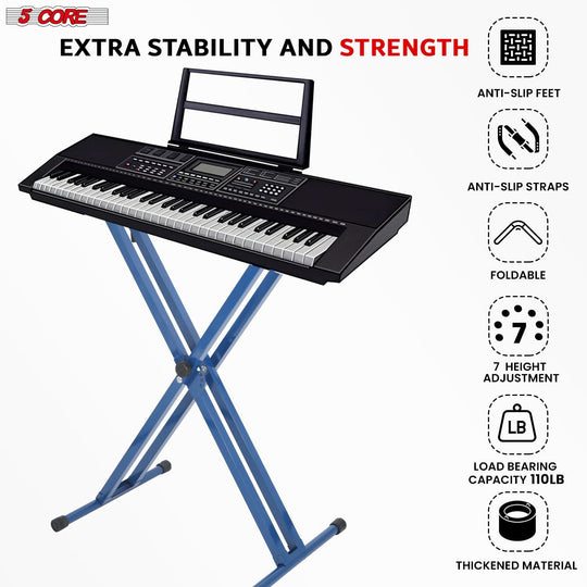 Blue adjustable double X piano stand for full-size keyboards by 5Core