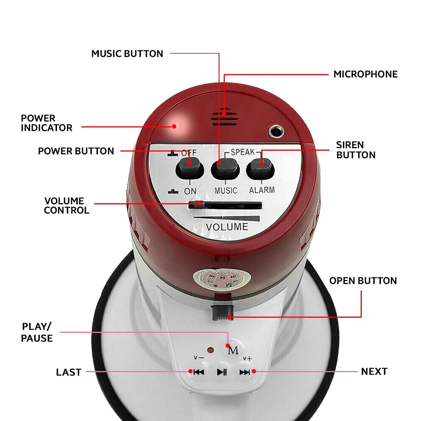 Powerful bullhorn megaphone, runs on 6 D-type batteries (not included), with volume control and siren.