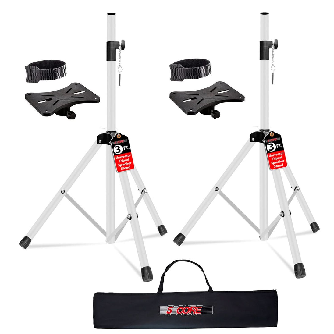 Two white tripod stands with black footpads