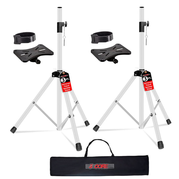 Two white tripod stands with black footpads