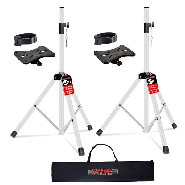 Two white tripod stands with black adjustable arms 