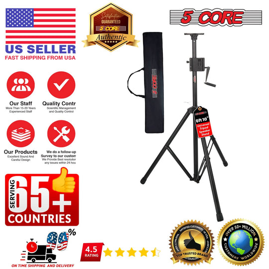5 Core tall adjustable tripod speaker stand with crank and heavy-duty floor support