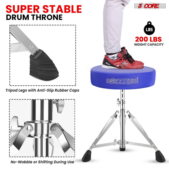 Super stable drum stool with a strong metal base, cushioned seat, and anti-slip rubber feet for support.