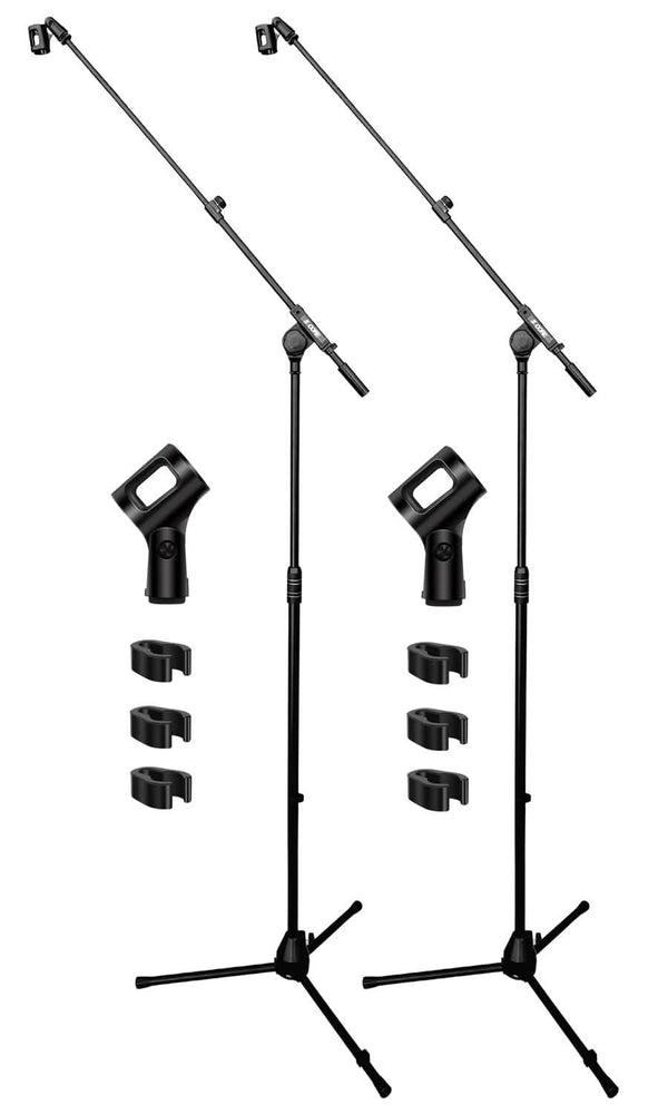 Two black microphone stands with accessories 