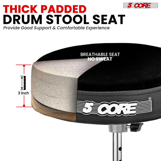 Thick padded drum seat with a flexible backrest, heavy-duty bracket, and sturdy double-braced legs for maximum support.