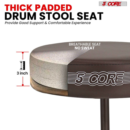 Thick padded drum stool designed for maximum comfort and support during drumming sessions.