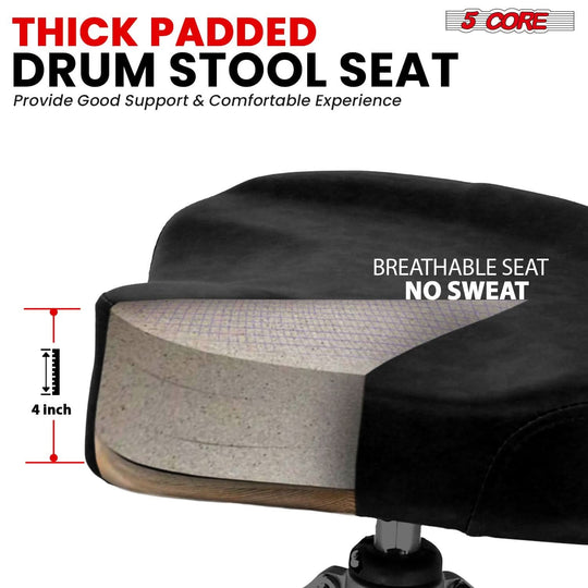 Heavy-duty drum throne with thick cushioning, ergonomic design, and strong legs for stability during performances.