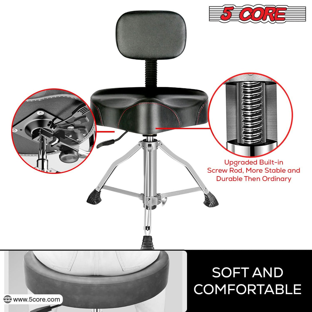 Strong and comfortable drum stool designed for stability and long playing sessions, perfect for use with drum sets.